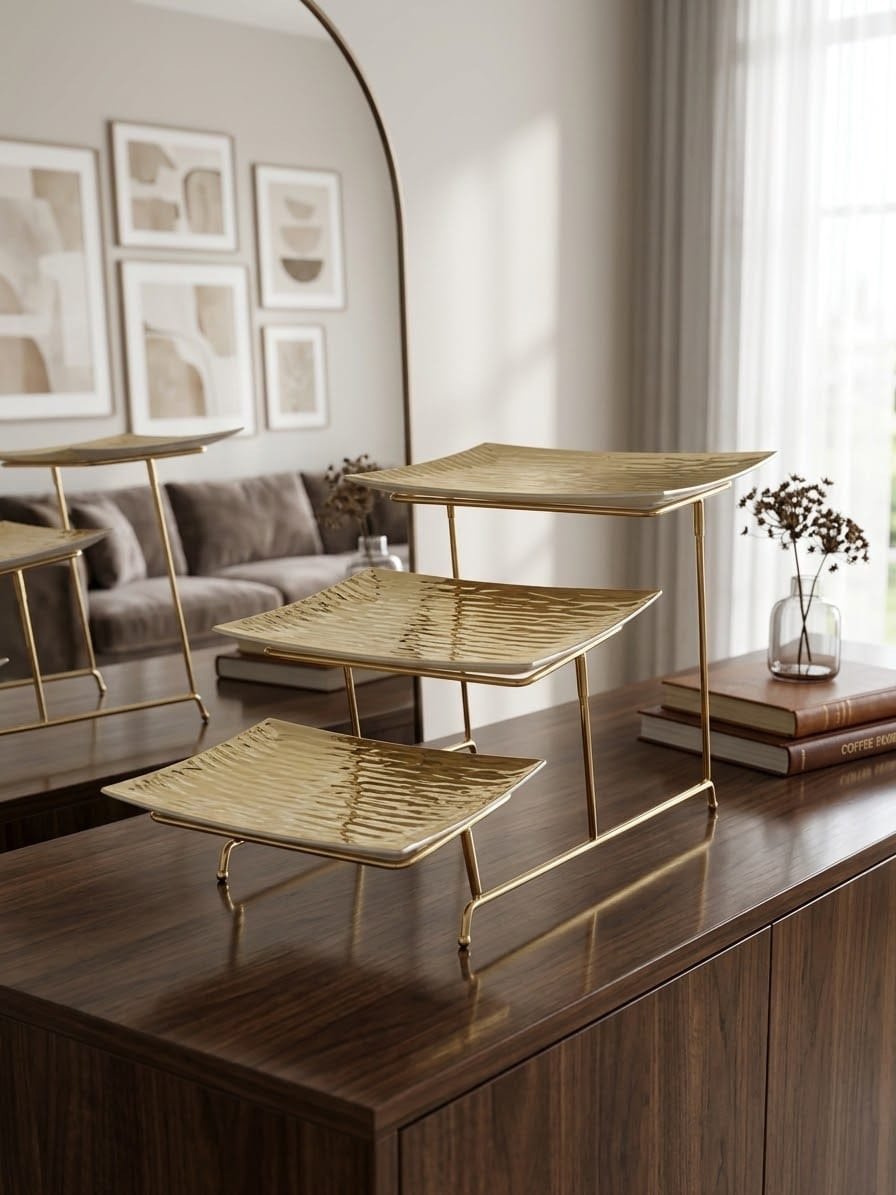 Présentoir de Buffet Doré à 3 Étages – Plateaux Effet Martelé Chic