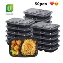 Pack de 50 Barquettes Alimentaires à 2 Compartiments avec Couvercles